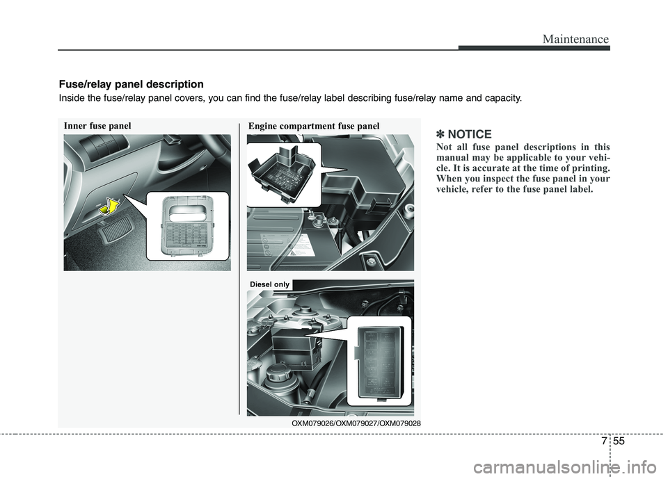 KIA SORENTO 2010 Owners Manual 755
Maintenance
✽✽NOTICE
Not all fuse panel descriptions in this
manual may be applicable to your vehi-
cle. It is accurate at the time of printing.
When you inspect the fuse panel in your
vehicl KIA SORENTO 2010 Owners Manual 755
Maintenance
✽✽NOTICE
Not all fuse panel descriptions in this
manual may be applicable to your vehi-
cle. It is accurate at the time of printing.
When you inspect the fuse panel in your
vehicl