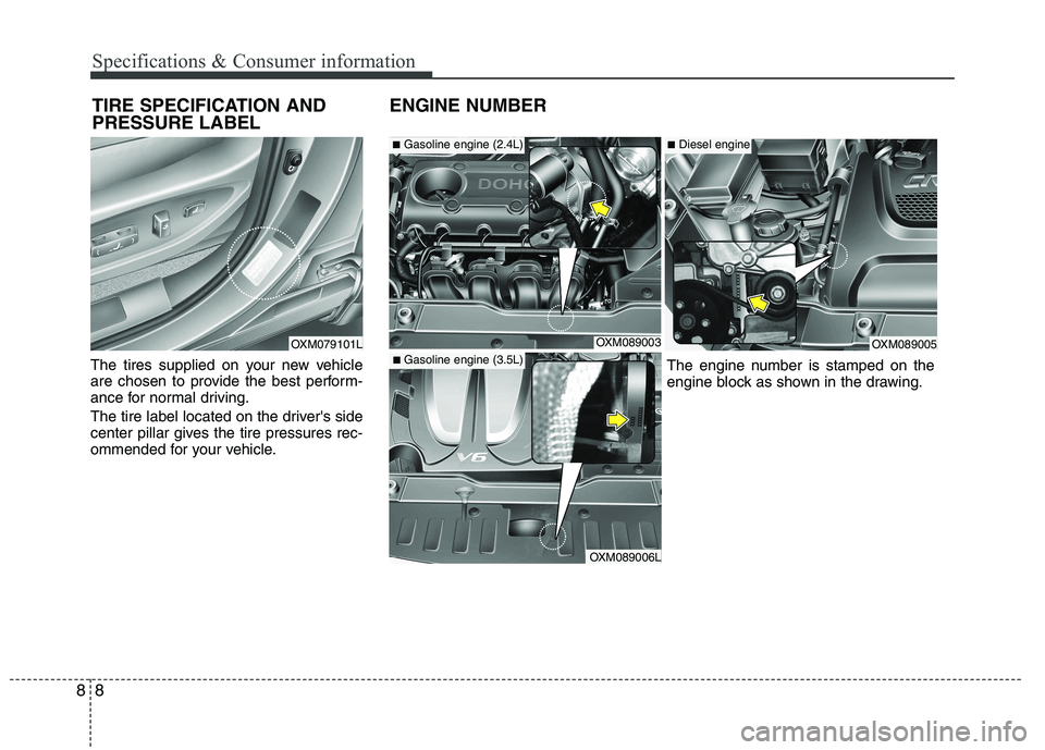 KIA SORENTO 2010 Owners Manual Specifications & Consumer information
8
8
The tires supplied on your new vehicle
are chosen to provide the best perform-
ance for normal driving.
The tire label located on the drivers side
center KIA SORENTO 2010 Owners Manual Specifications & Consumer information
8
8
The tires supplied on your new vehicle
are chosen to provide the best perform-
ance for normal driving.
The tire label located on the drivers side
center