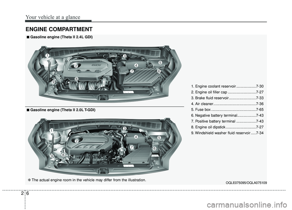 KIA SPORTAGE 2020 User Guide Your vehicle at a glance
62
ENGINE COMPARTMENT
OQLE075095/OQLA075109
■ ■Gasoline engine (Theta II 2.4L GDI)
❈ The actual engine room in the vehicle may differ from the illustration.
■ ■Gasol