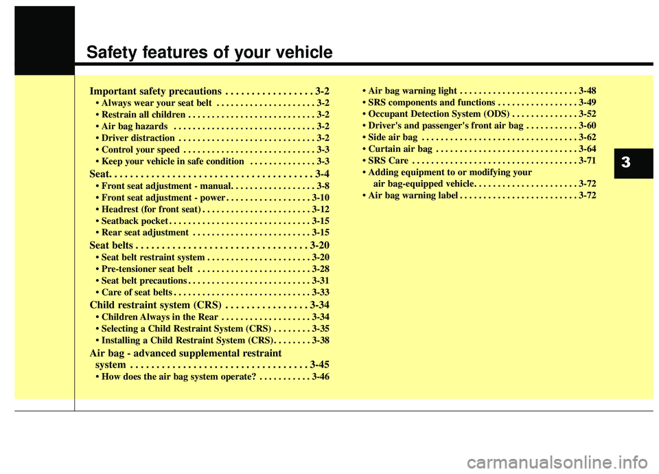 KIA SPORTAGE 2020 User Guide Safety features of your vehicle
Important safety precautions . . . . . . . . . . . . . . . . . 3-2
• Always wear your seat belt  . . . . . . . . . . . . . . . . . . . . . 3-2
 . . . . . . . . . . . 