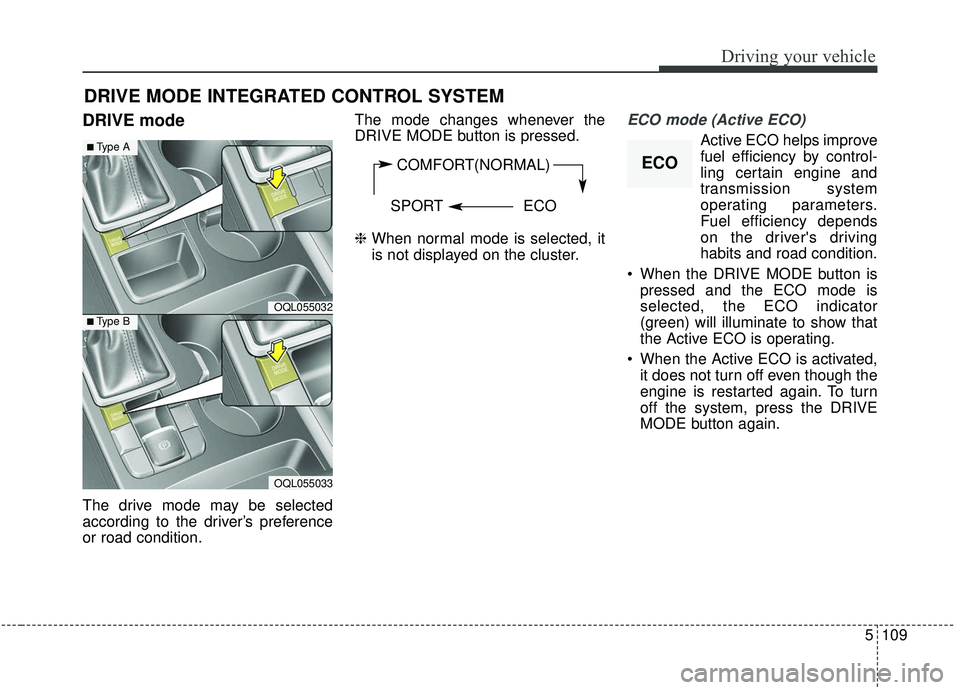 KIA SPORTAGE 2020  Owners Manual 5109
Driving your vehicle
DRIVE mode
The drive mode may be selected
according to the driver’s preference
or road condition.The mode changes whenever the
DRIVE MODE button is pressed.
❈ 
When norma