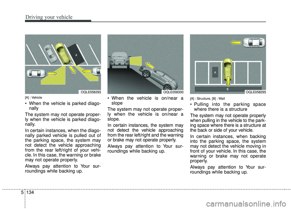 KIA SPORTAGE 2020  Owners Manual Driving your vehicle
134
5
[A] : Vehicle
 When the vehicle is parked diago-
nally
The system may not operate proper-
ly when the vehicle is parked diago-
nally.
In certain instances, when the diago-
n