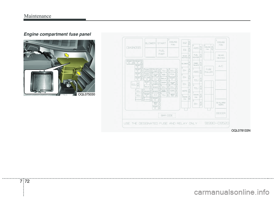 KIA SPORTAGE 2020  Owners Manual Maintenance
72
7
Engine compartment fuse panel 
OQL075030
OQL078133N 