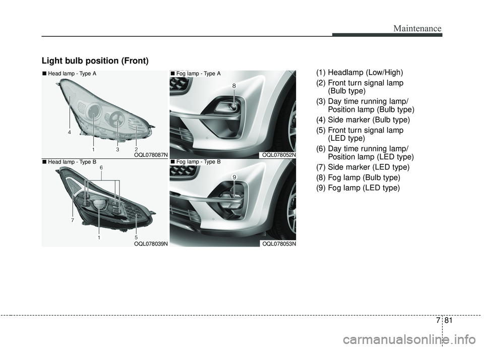 KIA SPORTAGE 2020 Owners Manual 781
Maintenance
Light bulb position (Front)
(1) Headlamp (Low/High)
(2) Front turn signal lamp (Bulb type)
(3) Day time running lamp/ Position lamp (Bulb type)
(4) Side marker (Bulb type)
(5) Front t KIA SPORTAGE 2020 Owners Manual 781
Maintenance
Light bulb position (Front)
(1) Headlamp (Low/High)
(2) Front turn signal lamp (Bulb type)
(3) Day time running lamp/ Position lamp (Bulb type)
(4) Side marker (Bulb type)
(5) Front t