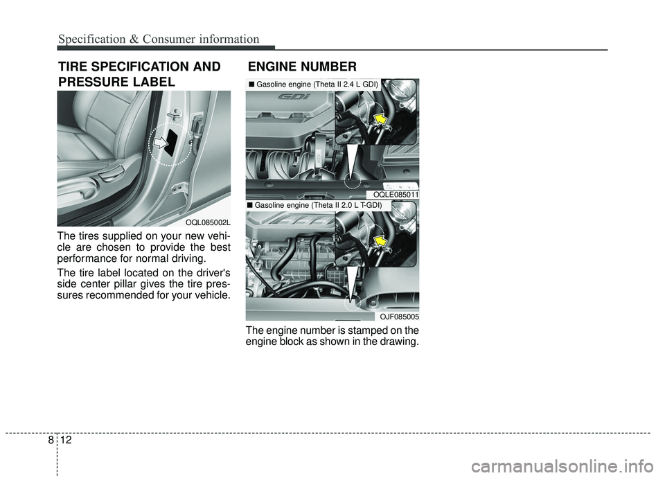 KIA SPORTAGE 2020 Owners Manual 12
8
Specification & Consumer information
The tires supplied on your new vehi-
cle are chosen to provide the best
performance for normal driving.
The tire label located on the drivers
side center pil KIA SPORTAGE 2020 Owners Manual 12
8
Specification & Consumer information
The tires supplied on your new vehi-
cle are chosen to provide the best
performance for normal driving.
The tire label located on the drivers
side center pil