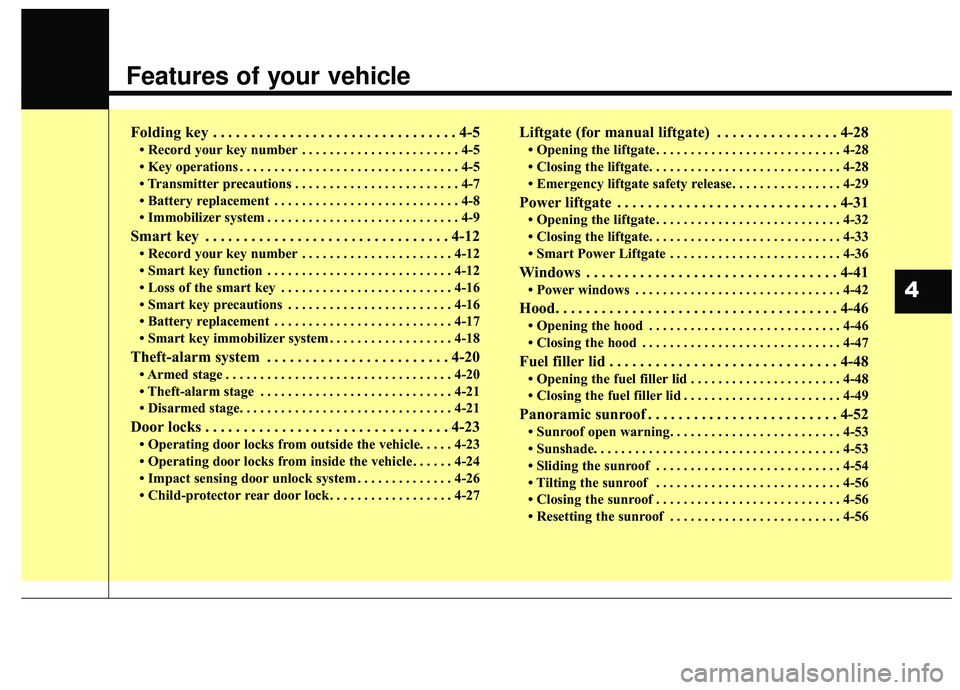KIA SPORTAGE 2020  Owners Manual Features of your vehicle
Folding key . . . . . . . . . . . . . . . . . . . . . . . . . . . . . . . . 4-5
• Record your key number . . . . . . . . . . . . . . . . . . . . . . . 4-5
• Key operations