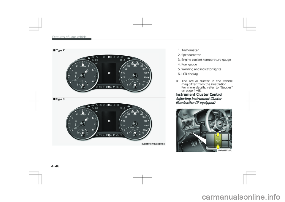 KIA STONIC 2018  Owners Manual �0�:�#��������0�:�#������
�5�Z�Q�F��$
�5�Z�Q�F��%
1. Tachometer 
2. Speedometer
3. Engine coolant temperature gauge
4. Fuel gauge
5. Warning and indicator lights
6. LCD display
❈ The 
