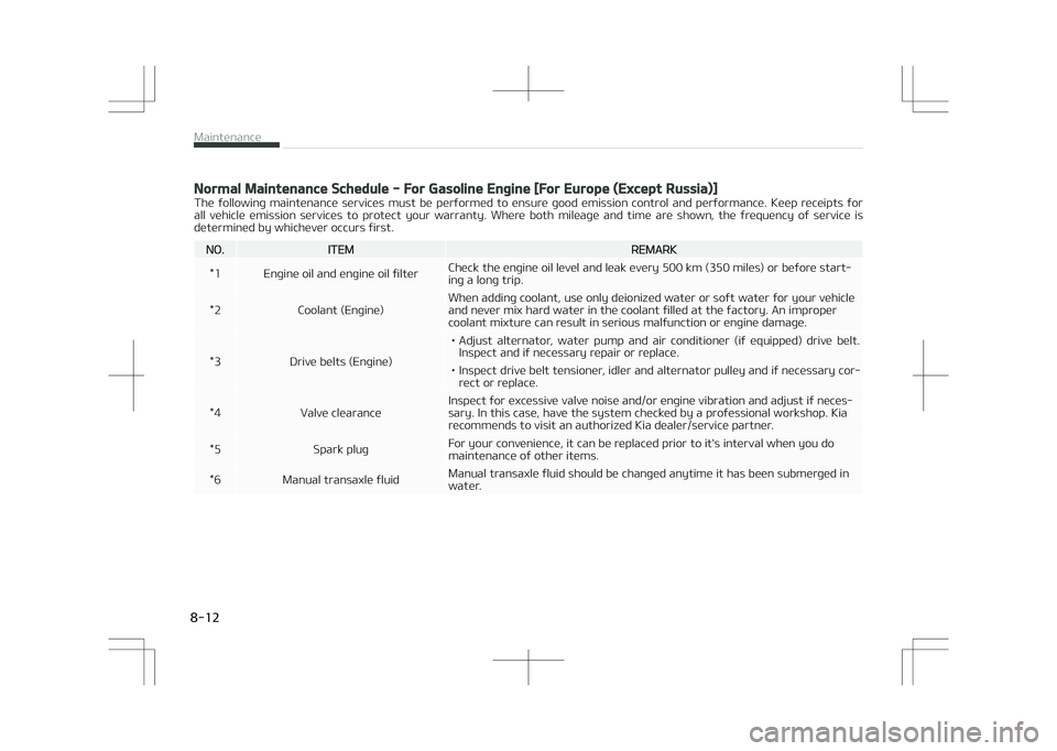 KIA STONIC 2018  Owners Manual Normal Maintenance Schedule - For Gasoline Engine [For Europe (Except Russia)]
The  following  maintenance  services  must  be  performed  to  ensure  good  emission  control  and  performance.  Keep 