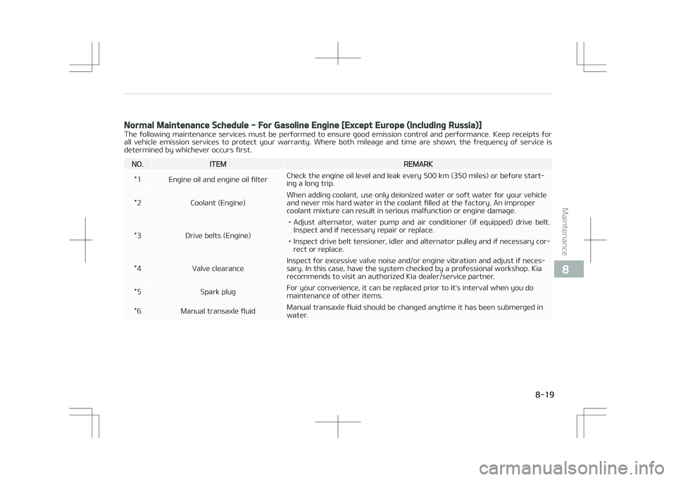 KIA STONIC 2018  Owners Manual Normal Maintenance Schedule - For Gasoline Engine [Except Europe (Including Russia)]
The  following  maintenance  services  must  be  performed  to  ensure  good  emission  control  and  performance. 