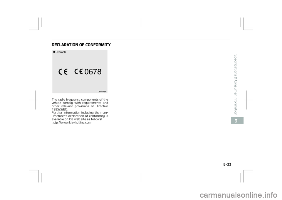 KIA STONIC 2018  Owners Manual DECLARATION OF CONFORMITY
�&�Y�B�N�Q�M�F
�$�&�����#
The radio frequency components of the
vehicle  comply  with  requirements  and other  relevant  provisions  of  Directive
1995/5/EC. 
Further  i