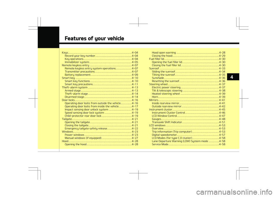 KIA STONIC 2018  Owners Manual Keys............................................................................................. 4-04Record your key number..................................................... 4-04 
Key operations..