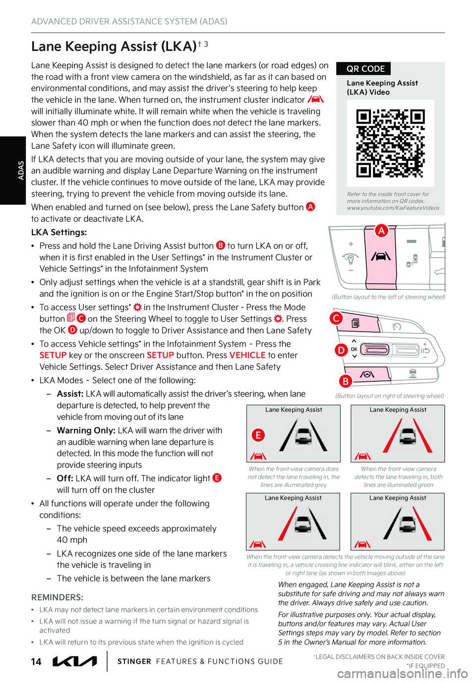KIA STINGER 2023 Features and Functions Guide ADAS
ADVANCED DRIVER ASSISTANCE SYSTEM (ADAS)
†LEGAL DISCL AIMERS ON BACK INSIDE COVER*IF EQUIPPED14STINGER FEATURES & FUNCTIONS GUIDE
Lane Keeping Assist (LKA)†3
Lane Keeping Assist is designed KIA STINGER 2023 Features and Functions Guide ADAS
ADVANCED DRIVER ASSISTANCE SYSTEM (ADAS)
†LEGAL DISCL AIMERS ON BACK INSIDE COVER*IF EQUIPPED14STINGER FEATURES & FUNCTIONS GUIDE
Lane Keeping Assist (LKA)†3
Lane Keeping Assist is designed