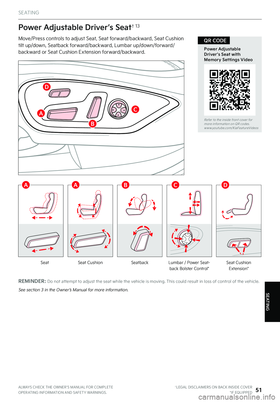 KIA STINGER 2023 Features and Functions Guide S E AT I N G
ALWAYS CHECK THE OWNER ’S MANUAL FOR COMPLETE OPER ATING INFORMATION AND SAFET Y WARNINGS . †LEGAL DISCL AIMERS ON BACK INSIDE COVER*IF EQUIPPED51
SEATING
SeatbackLumbar / Power Seat- KIA STINGER 2023 Features and Functions Guide S E AT I N G
ALWAYS CHECK THE OWNER ’S MANUAL FOR COMPLETE OPER ATING INFORMATION AND SAFET Y WARNINGS . †LEGAL DISCL AIMERS ON BACK INSIDE COVER*IF EQUIPPED51
SEATING
SeatbackLumbar / Power Seat-