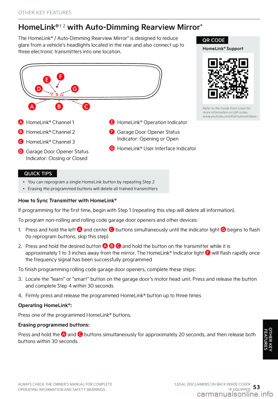 KIA STINGER 2023 Features and Functions Guide ALWAYS CHECK THE OWNER ’S MANUAL FOR COMPLETE OPER ATING INFORMATION AND SAFET Y WARNINGS . †LEGAL DISCL AIMERS ON BACK INSIDE COVER*IF EQUIPPED53
How to Sync Transmitter with HomeLink®
If progra KIA STINGER 2023 Features and Functions Guide ALWAYS CHECK THE OWNER ’S MANUAL FOR COMPLETE OPER ATING INFORMATION AND SAFET Y WARNINGS . †LEGAL DISCL AIMERS ON BACK INSIDE COVER*IF EQUIPPED53
How to Sync Transmitter with HomeLink®
If progra