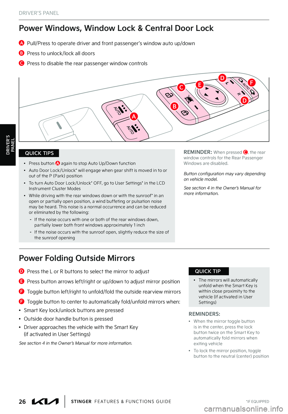 KIA STINGER 2022  Features and Functions Guide DRIVER’S PANEL
A   Pull/Press to operate driver and front passenger ’s window auto up/down
B  Press to unlock/lock all doors
C  Press to disable the rear passenger window controls
Power Windows, W