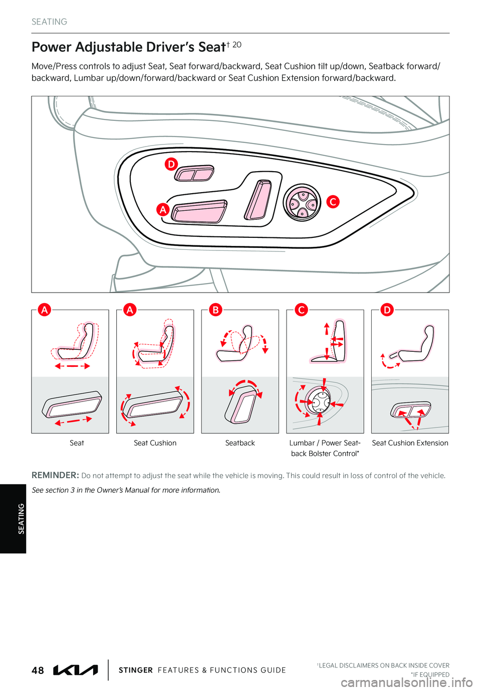 KIA STINGER 2022  Features and Functions Guide S E AT I N G
SeatbackLumbar / Power Seat-back Bolster Control*Seat Cushion ExtensionSeatSeat Cushion
Power Adjustable Driver’s Seat† 20
Move/Press controls to adjust Seat, Seat forward/backward, S