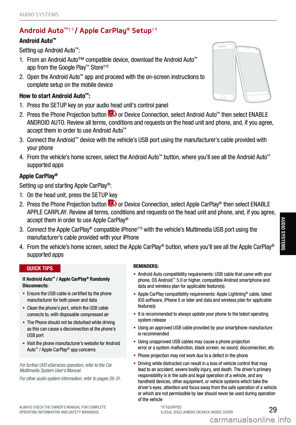 KIA STINGER 2021 Features and Functions Guide 29
AUDIO SYSTEMS
ALWAYS CHECK THE OWNER’S MANUAL FOR COMPLE TE OPERATING INFORMATION AND SAFETY WARNINGS.*IF EQUIPPED†LEG AL DISCL AIMERS ON BACK INSIDE COVER
AUDIO SYSTEMS
Android Auto™
Settin KIA STINGER 2021 Features and Functions Guide 29
AUDIO SYSTEMS
ALWAYS CHECK THE OWNER’S MANUAL FOR COMPLE TE OPERATING INFORMATION AND SAFETY WARNINGS.*IF EQUIPPED†LEG AL DISCL AIMERS ON BACK INSIDE COVER
AUDIO SYSTEMS
Android Auto™
Settin