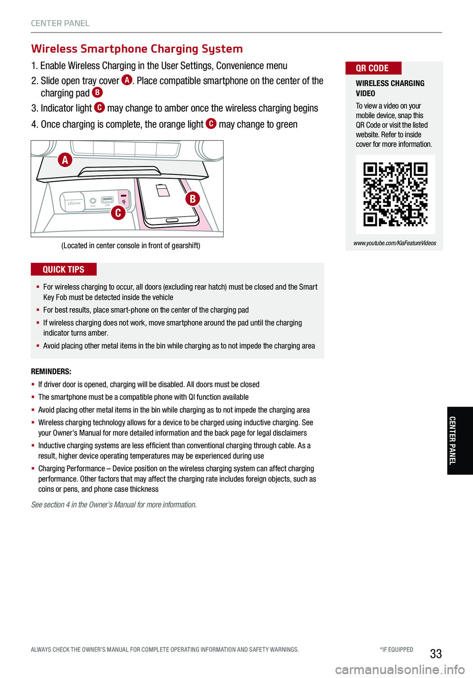 KIA STINGER 2021 Features and Functions Guide *IF EQUIPPED ALWAYS CHECK THE OWNER’S MANUAL FOR COMPLE TE OPER ATING INFORMATION AND SAFE T Y WARNINGS.33
CENTER PANEL
1. Enable Wireless Charging in the User Settings, Convenience menu
2. Slide KIA STINGER 2021 Features and Functions Guide *IF EQUIPPED ALWAYS CHECK THE OWNER’S MANUAL FOR COMPLE TE OPER ATING INFORMATION AND SAFE T Y WARNINGS.33
CENTER PANEL
1. Enable Wireless Charging in the User Settings, Convenience menu
2. Slide