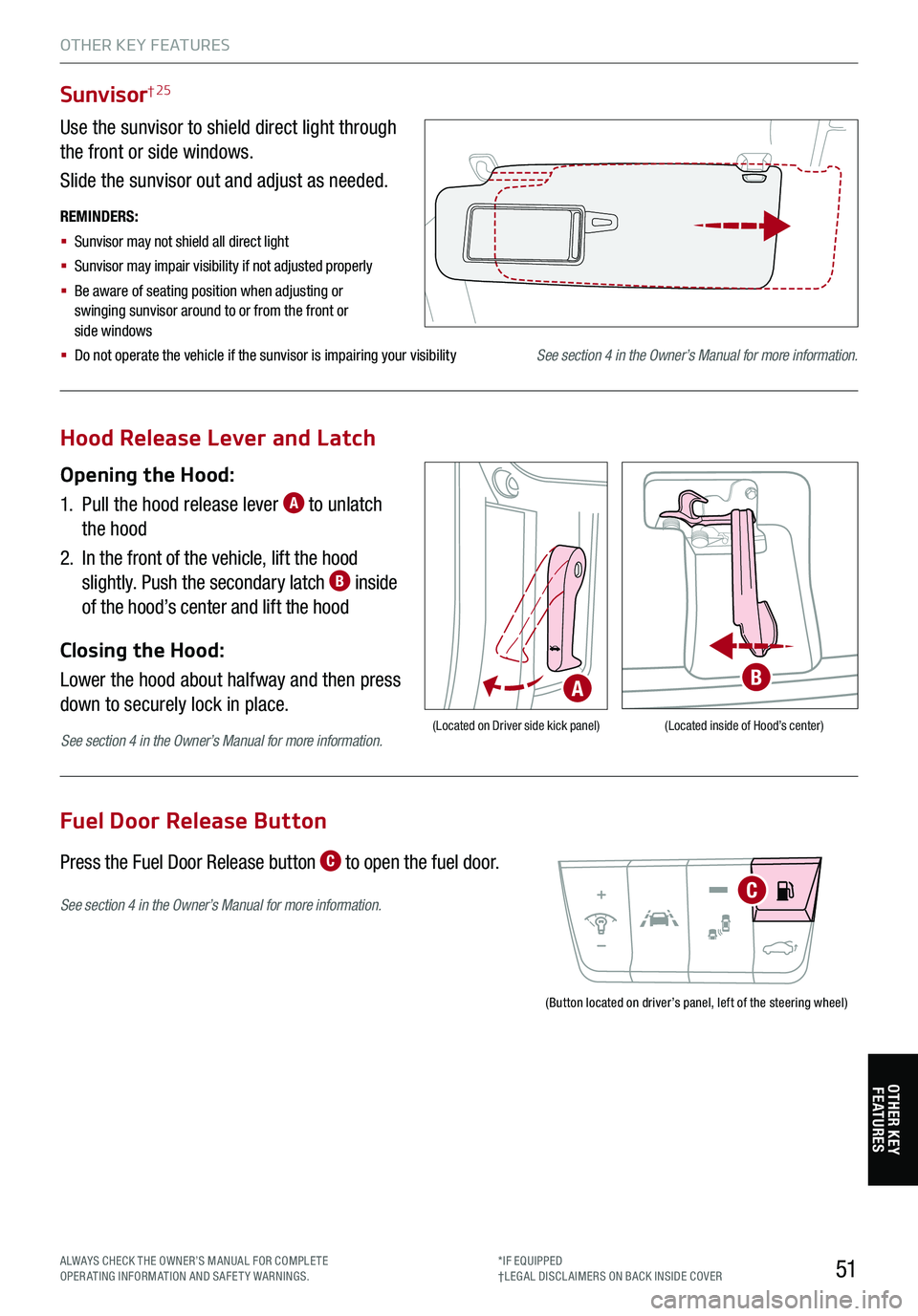 KIA STINGER 2021 Features and Functions Guide 51
(Button located on driver’s panel, left of the steering wheel)
Fuel Door Release Button
Press the Fuel Door Release button C to open the fuel door.
See section 4 in the Owner’s Manual for more KIA STINGER 2021 Features and Functions Guide 51
(Button located on driver’s panel, left of the steering wheel)
Fuel Door Release Button
Press the Fuel Door Release button C to open the fuel door.
See section 4 in the Owner’s Manual for more