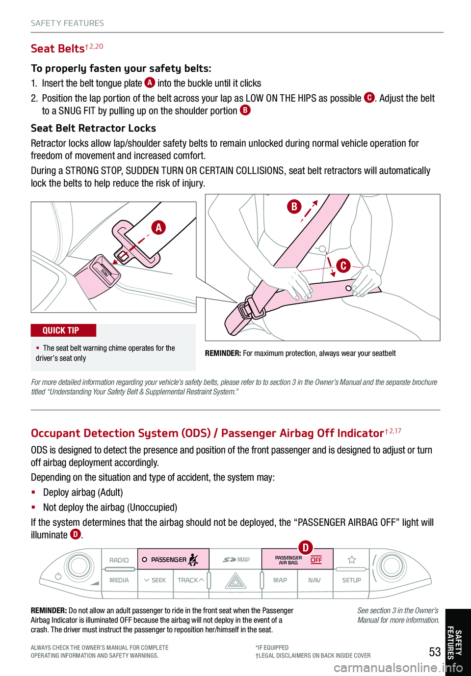 KIA STINGER 2021 Features and Functions Guide 53
REMINDER: For maximum protection, always wear your seatbelt
A
B
C
Seat Belts† 2,20
To properly fasten your safety belts:
1.
Insert the belt tongue plate A into the buckle until it clicks
2.
P KIA STINGER 2021 Features and Functions Guide 53
REMINDER: For maximum protection, always wear your seatbelt
A
B
C
Seat Belts† 2,20
To properly fasten your safety belts:
1.
Insert the belt tongue plate A into the buckle until it clicks
2.
P