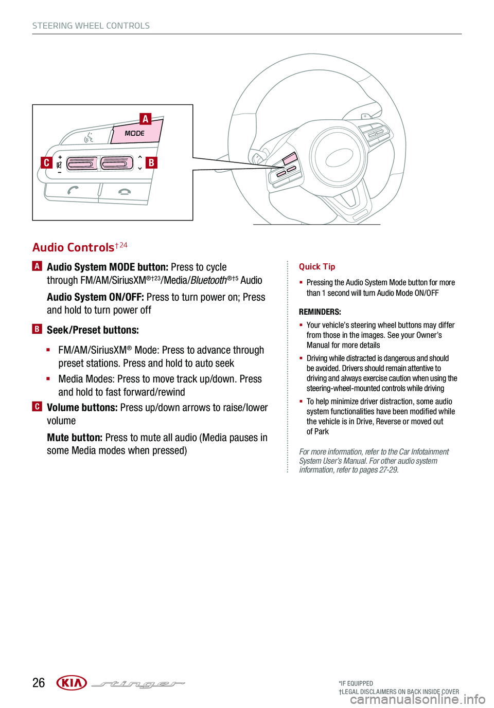 KIA STINGER 2020  Features and Functions Guide 26
STEERING WHEEL CONTROLS
Audio Controls† 24
REMINDERS: 
§   
Your vehicle’s steering wheel buttons may differ from those in the images. See your Owner’s Manual for more details
§   
Driving 