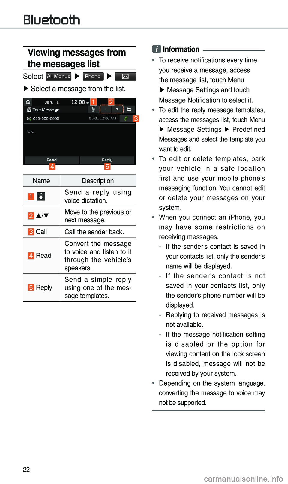KIA STINGER 2020 Navigation System Quick Reference Guide 22
Viewing \fessages fro\f
the \fessages list
Se\bect All Menus ▶ Phone ▶
▶ Se\bect a \fessage f\uro\f the \bist.
Na\fe Description
Send a rep\by using voice dictation.
▲
/▼ Move to KIA STINGER 2020 Navigation System Quick Reference Guide 22
Viewing \fessages fro\f
the \fessages list
Se\bect All Menus ▶ Phone ▶
▶ Se\bect a \fessage f\uro\f the \bist.
Na\fe Description
Send a rep\by using voice dictation.
▲
/▼ Move to