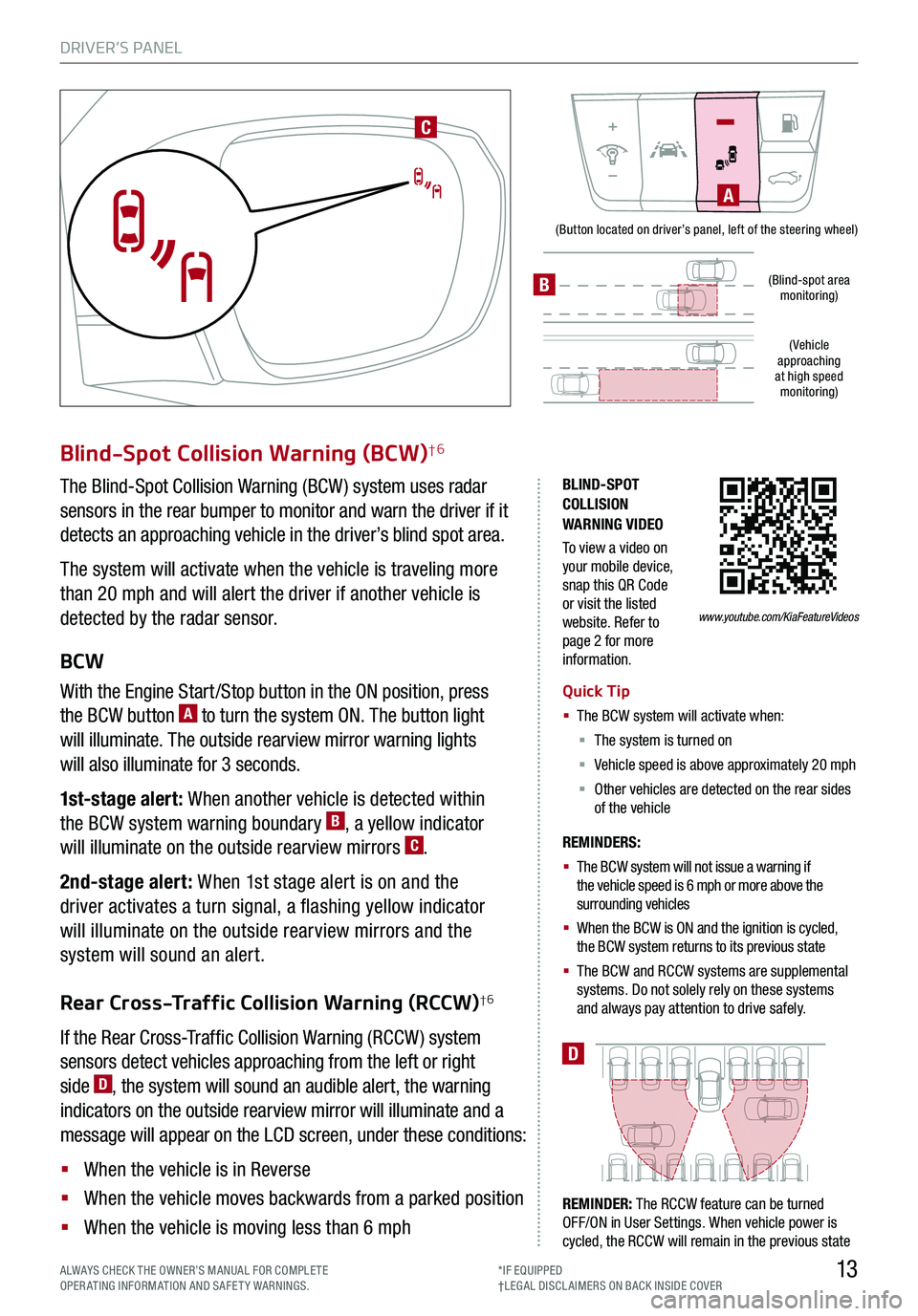 KIA STINGER 2019 Features and Functions Guide DRIVER’S PANEL
13
(Button located on driver’s panel, left of the steering wheel)
(Blind-spot area monitoring)
( Vehicle approaching at high speed monitoring)
BLIND-SPOT COLLISION WARNING VIDEO
To KIA STINGER 2019 Features and Functions Guide DRIVER’S PANEL
13
(Button located on driver’s panel, left of the steering wheel)
(Blind-spot area monitoring)
( Vehicle approaching at high speed monitoring)
BLIND-SPOT COLLISION WARNING VIDEO
To