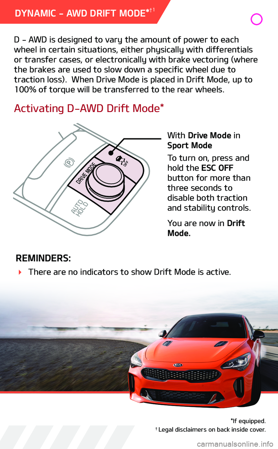KIA STINGER 2019  Performance Features DYNAMIC - AWD DRIFT MODE*†1
D - AWD is designed to vary the amount of power to each wheel in certain situations, either physically with differentials or transfer cases, or electronically with brake 