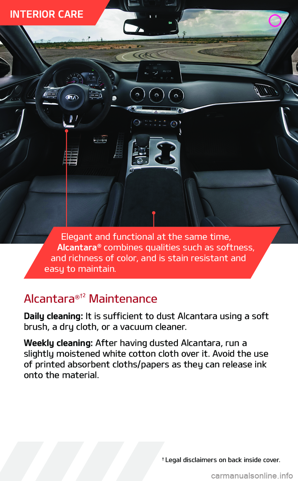 KIA STINGER 2019  Performance Features Alcantara®†2 Maintenance
Daily cleaning: It is sufficient to dust Alcantara using a soft brush, a dry cloth, or a vacuum cleaner.
Weekly cleaning: After having dusted Alcantara, run a slightly mois