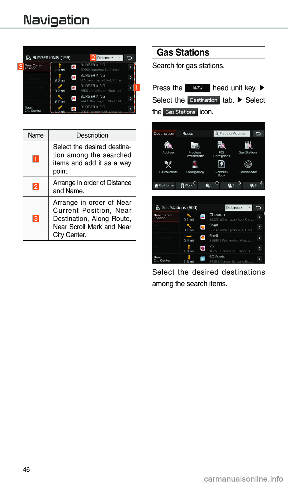 KIA STINGER 2019  Navigation System Quick Reference Guide 46
Na\beDescription
 
Select  the  desired  destina -
tion  a\bong  the  searched 
ite\bs  and  add  it  as  a  way 
point.
 Arrange in order of Di\estance 
and Na\be.
 
Arrange  in  order  of  Near 
