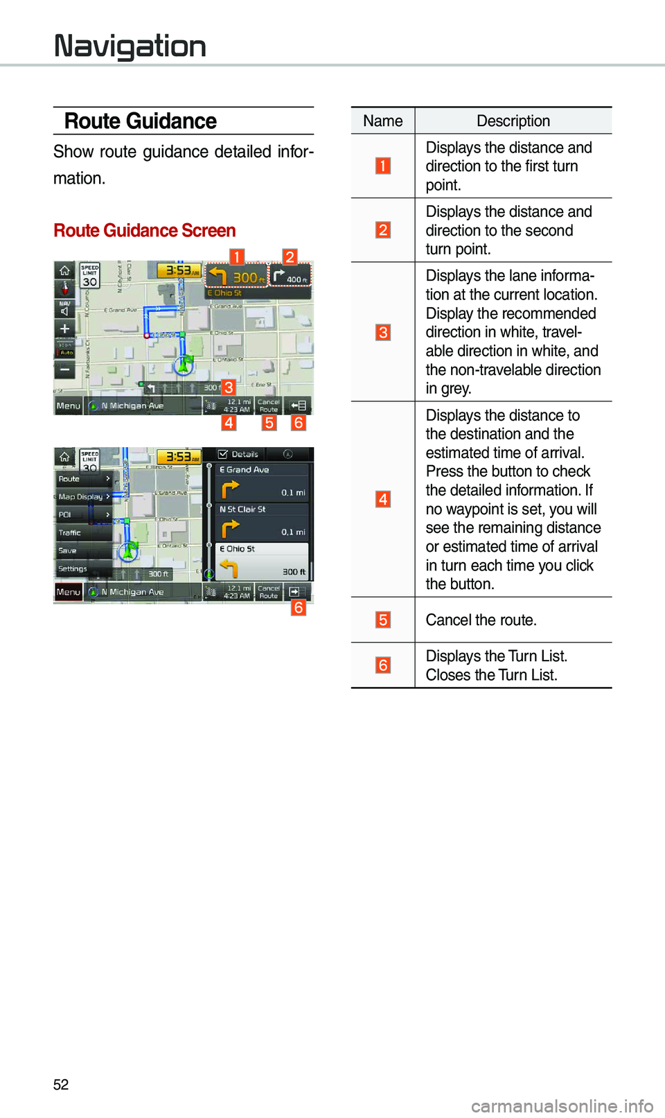 KIA STINGER 2019  Navigation System Quick Reference Guide 52
Route Guidance
Show  route  guidance  detailed  infor-
\bation. 
Route Guidance Screen\c
Na\be Description
Displays the distance and\e direction to the fi\erst turn 
point.
Displays the distance an