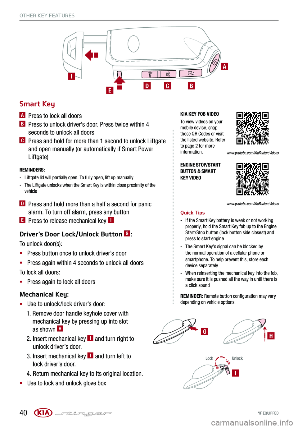 KIA STINGER 2018 Features and Functions Guide LockUnlock
I
Driver’s Door Lock/Unlock Button G:
To unlock door(s):
§ Press button once to unlock driver’s door
§ Press again within 4 seconds to unlock all doors
To lock all doors:
§ Press ag KIA STINGER 2018 Features and Functions Guide LockUnlock
I
Driver’s Door Lock/Unlock Button G:
To unlock door(s):
§ Press button once to unlock driver’s door
§ Press again within 4 seconds to unlock all doors
To lock all doors:
§ Press ag