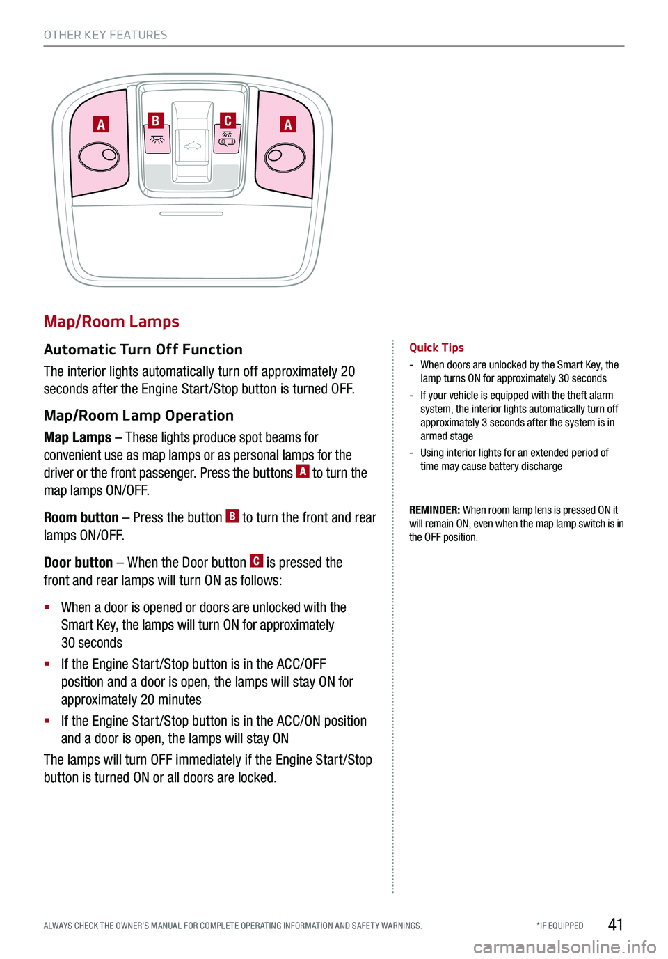KIA STINGER 2018  Features and Functions Guide *IF EQUIPPED ALWAYS CHECK THE OWNER’S MANUAL FOR COMPLE TE OPER ATING INFORMATION AND SAFE T Y WARNINGS.
Map/Room Lamps
Automatic Turn Off Function
The interior lights automatically turn off approxi