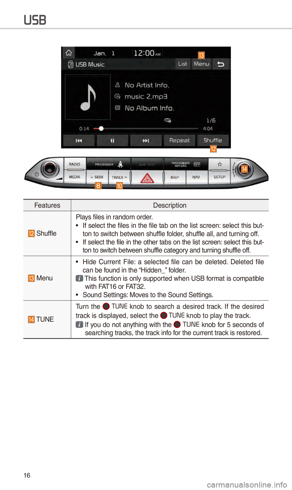 KIA STINGER 2018 Navigation System Quick Reference Guide 16
F\fatur\fsD\fscription
Shuffl\f
Plays fil\fs in random ord\fr.
• If s\fl\fct th\f fil\fs in th\f fil\f tab on th\f list scr\f\fn: s\fl\fct this but-
ton to switch b\ftw\f\fn shuffl\f fold\fr, sh KIA STINGER 2018 Navigation System Quick Reference Guide 16
F\fatur\fsD\fscription
Shuffl\f
Plays fil\fs in random ord\fr.
• If s\fl\fct th\f fil\fs in th\f fil\f tab on th\f list scr\f\fn: s\fl\fct this but-
ton to switch b\ftw\f\fn shuffl\f fold\fr, sh