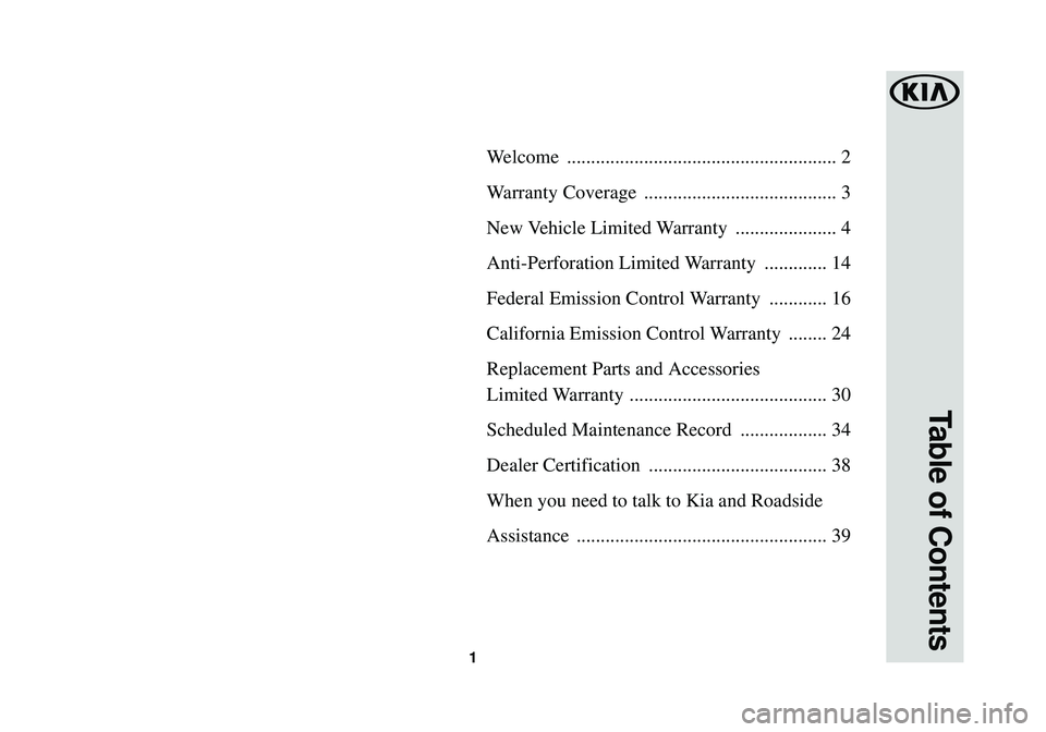 KIA STINGER 2018  Warranty and Consumer Information Guide 1
Welcome ........................................................ 2
W arranty Coverage  ........................................ 3
New Vehicle Limited Warranty  ..................... 4
Anti-Perforati