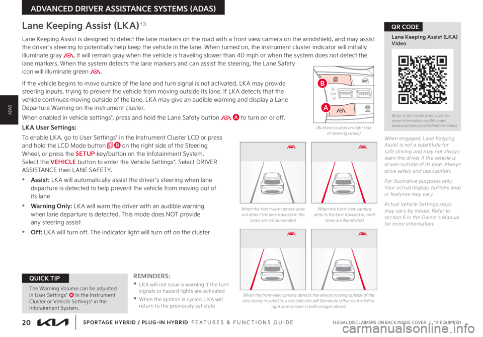 KIA SPORTAGE PHEV 2023  Features and Functions Guide 20†LEGAL DISCL AIMERS ON BACK INSIDE COVER   |   *IF EQUIPPEDSPORTAGE HYBRID / PLUG-IN HYBRID  FEATURES & FUNCTIONS GUIDE
ADVANCED DRIVER ASSISTANCE SYSTEMS (ADAS)
Refer to the inside front cover fo