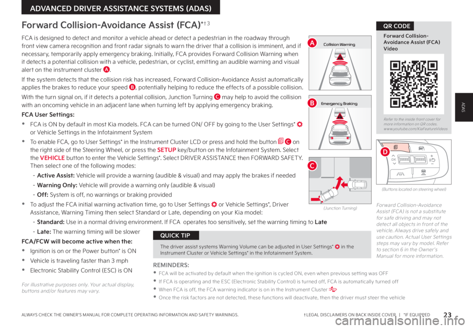 KIA SPORTAGE PHEV 2023  Features and Functions Guide 23†LEGAL DISCL AIMERS ON BACK INSIDE COVER   |   *IF EQUIPPEDALWAYS CHECK THE OWNER ’S MANUAL FOR COMPLETE OPER ATING INFORMATION AND SAFET Y WARNINGS  
ADVANCED DRIVER ASSISTANCE SYSTEMS (ADAS)
R