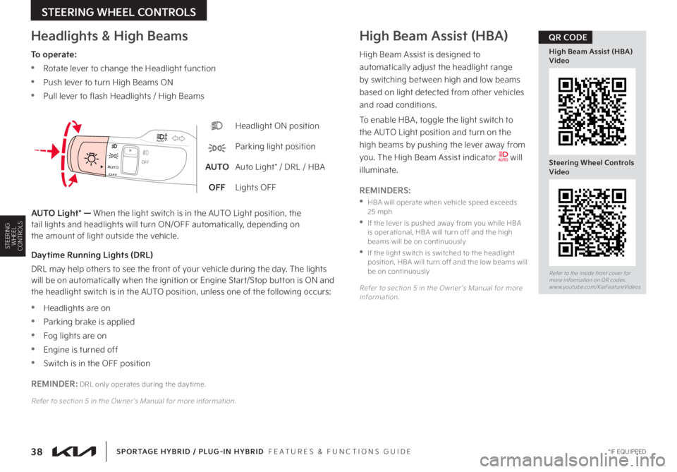 KIA SPORTAGE PHEV 2023  Features and Functions Guide 38 *IF EQUIPPED
STEERING WHEEL CONTROLS
SPORTAGE HYBRID / PLUG-IN HYBRID  FEATURES & FUNCTIONS GUIDE
STEERING WHEEL CONTROLS
Headlight ON position
Parking light position
AUTOAuto Light* / DRL / HBA
OF