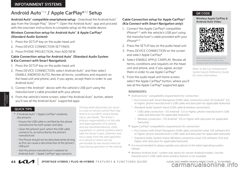 KIA SPORTAGE PHEV 2023 Features and Functions Guide 44†LEGAL DISCL AIMERS ON BACK INSIDE COVER | *IF EQUIPPED
INFOTAINMENT SYSTEMS
SPORTAGE HYBRID / PLUG-IN HYBRID FEATURES & FUNCTIONS GUIDE
INFOTAINMENT SYSTEMS
Android Auto™†2 / Apple CarP KIA SPORTAGE PHEV 2023 Features and Functions Guide 44†LEGAL DISCL AIMERS ON BACK INSIDE COVER | *IF EQUIPPED
INFOTAINMENT SYSTEMS
SPORTAGE HYBRID / PLUG-IN HYBRID FEATURES & FUNCTIONS GUIDE
INFOTAINMENT SYSTEMS
Android Auto™†2 / Apple CarP