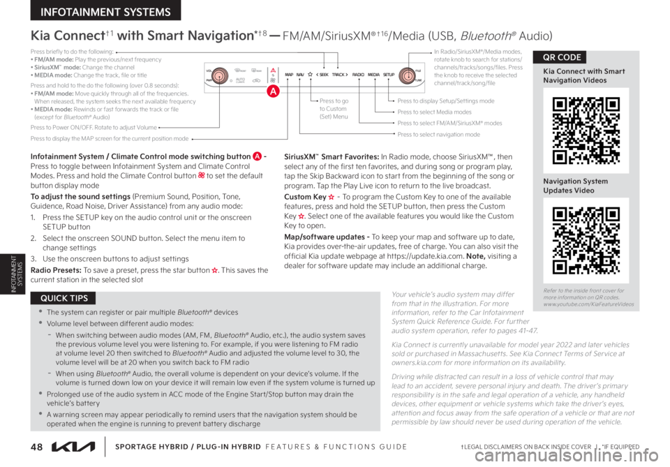 KIA SPORTAGE PHEV 2023  Features and Functions Guide 48†LEGAL DISCL AIMERS ON BACK INSIDE COVER   |   *IF EQUIPPED
INFOTAINMENT SYSTEMS
SPORTAGE HYBRID / PLUG-IN HYBRID  FEATURES & FUNCTIONS GUIDE
INFOTAINMENT  SYSTEMSYour vehicle’s audio system may