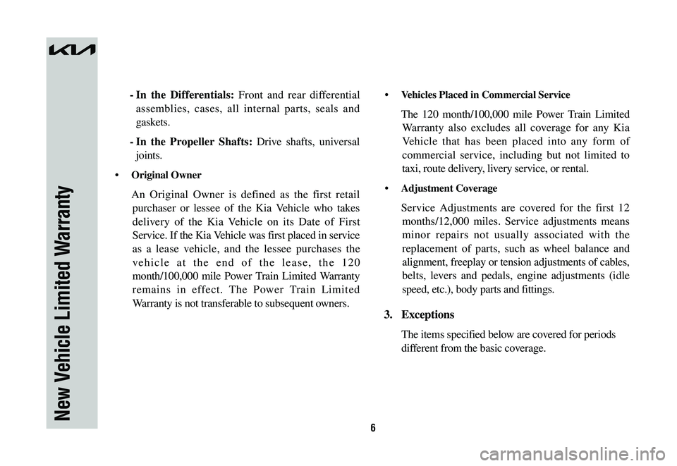 KIA SPORTAGE PHEV 2023 Warranty and Consumer Information Guide 6
- In the Differentials: Front and rear differential
assemblies, cases, all internal parts, seals and
gaskets.
- In the Propeller Shafts: Drive shafts, universal
joints.
• Original KIA SPORTAGE PHEV 2023 Warranty and Consumer Information Guide 6
- In the Differentials: Front and rear differential
assemblies, cases, all internal parts, seals and
gaskets.
- In the Propeller Shafts: Drive shafts, universal
joints.
• Original