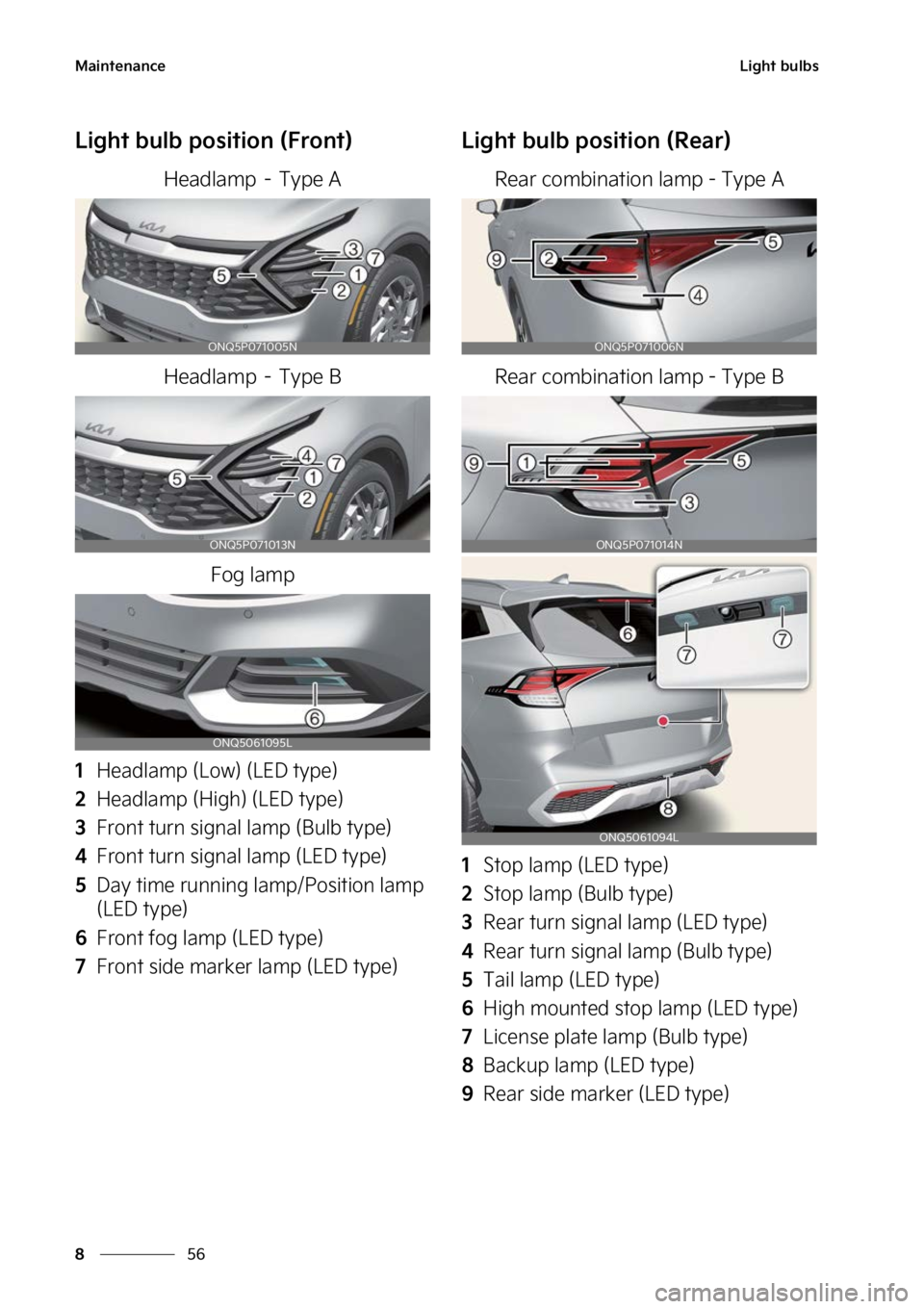 KIA SPORTAGE HYBRID 2023  Owners Manual �.�B�J�O�U�F�O�B�O�D�F
��
�
�-�J�H�I�U��C�V�M�C�T
�-�J�H�I�U��C�V�M�C��Q�P�T�J�U�J�P�O��	��S�P�O�U�

�)�F�B�E�M�B�N�Q��m��5�Z�Q�F��"
�)�F�B�E�M�B�N�Q��m��5�Z�Q�F��#
��P�H��M�B�N�Q
��