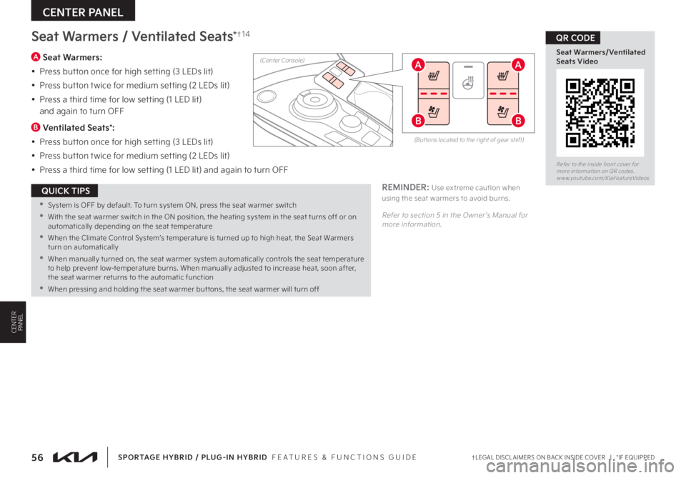 KIA SPORTAGE HYBRID 2023  Features and Functions Guide 56†LEGAL DISCL AIMERS ON BACK INSIDE COVER   |   *IF EQUIPPEDSPORTAGE HYBRID / PLUG-IN HYBRID  FEATURES & FUNCTIONS GUIDE
CENTER PANEL
CENTERPANEL
(But tons located to the right of gear shift)
Seat 
