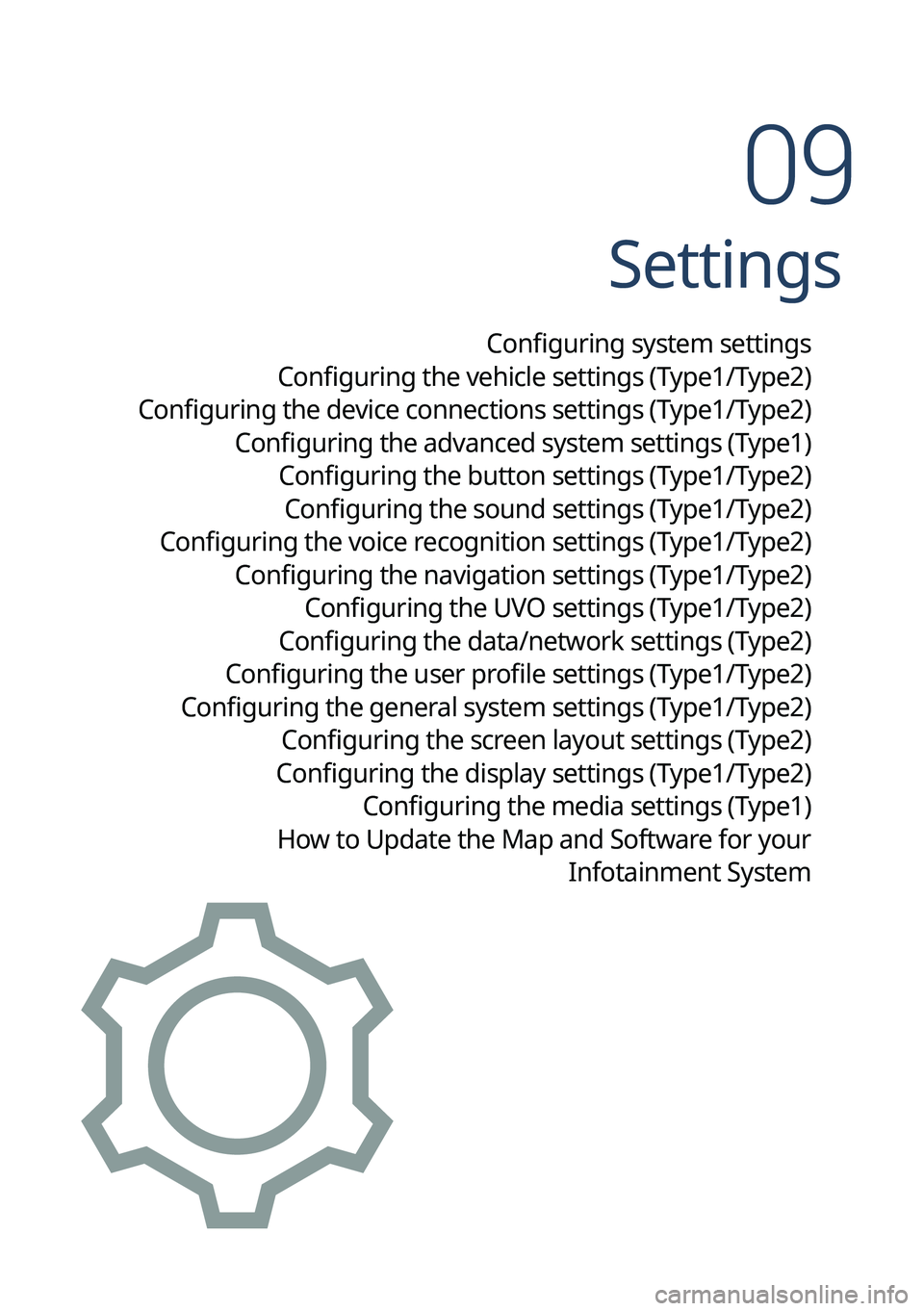KIA SPORTAGE HYBRID 2023 Navigation System Quick Reference Guide Settings
Configuring system settings
Configuring the vehicle settings (Type1/ Type2)
Configuring the device connections settings (Type1/ Type2)
Configuring the advanced system settings (Type1) Confi KIA SPORTAGE HYBRID 2023 Navigation System Quick Reference Guide Settings
Configuring system settings
Configuring the vehicle settings (Type1/ Type2)
Configuring the device connections settings (Type1/ Type2)
Configuring the advanced system settings (Type1) Confi