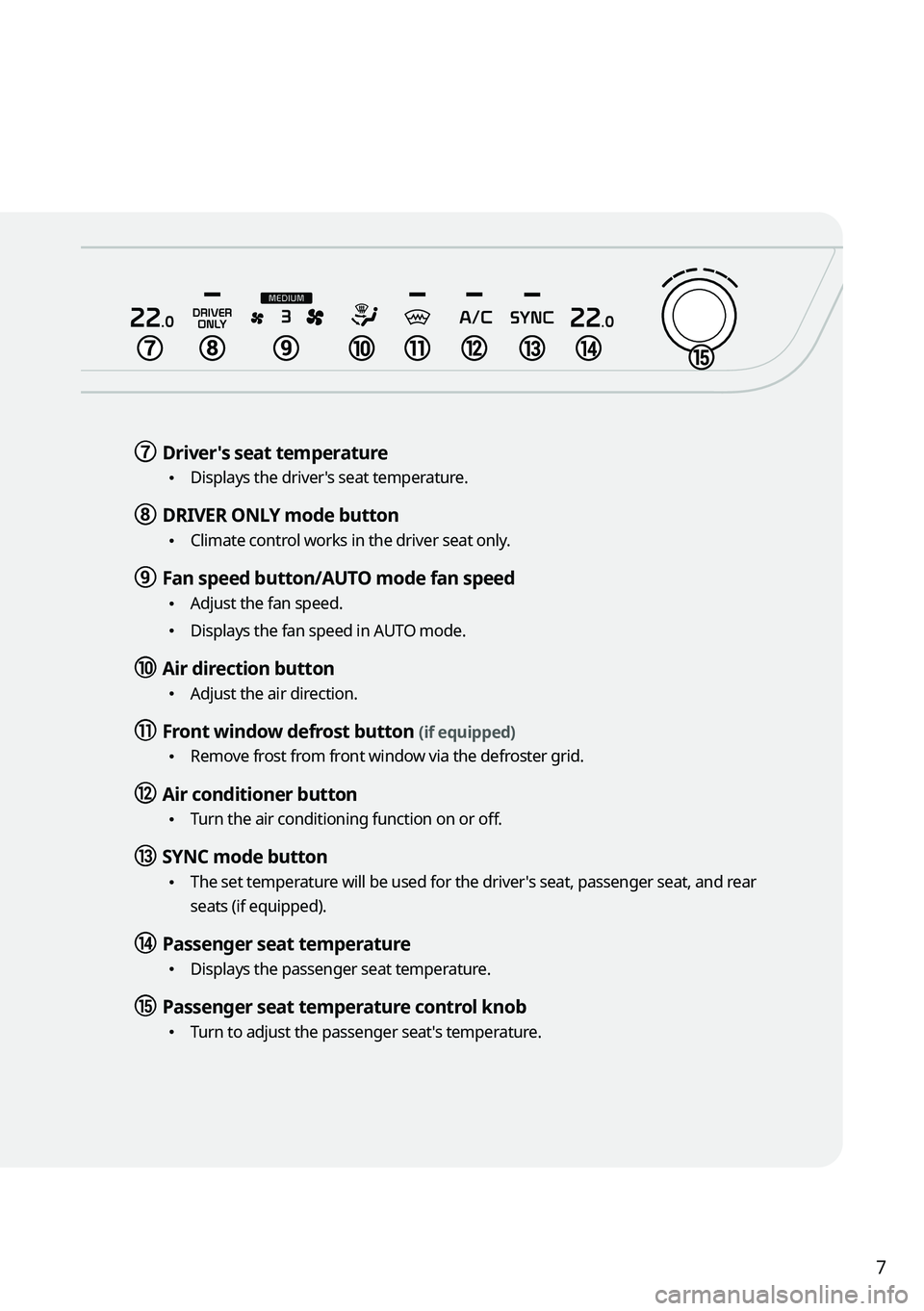 KIA SPORTAGE HYBRID 2023  Navigation System Quick Reference Guide 7
g g Driver's seat temperature
 •Displays the driver's seat temperature.
h h DRIVER ONLY mode button
 •Climate control works in the driver seat only.
i i Fan speed button/AUTO mode fan sp