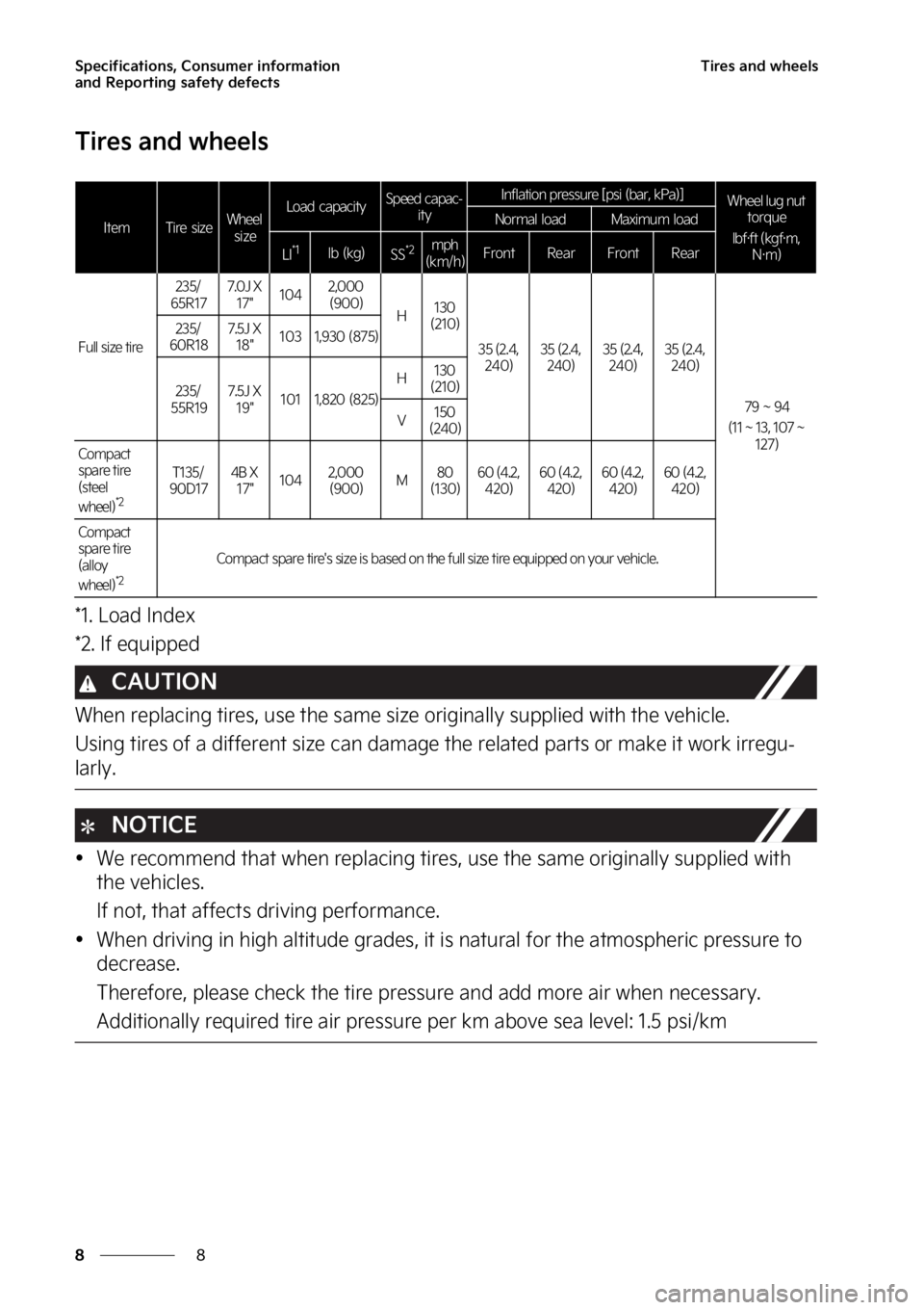 KIA SPORTAGE 2023  Owners Manual �4�Q�F�D�J�G�J�D�B�U�J�P�O�T�
��$�P�O�T�V�N�F�S��J�O�G�P�S�N�B�U�J�P�O�
�B�O�E��3�F�Q�P�S�U�J�O�H��T�B�G�F�U�Z��E�F�G�F�D�U�T
�
�
�5�J�S�F�T��B�O�E��X�I�F�F�M�T
�5�J�S�F�T��B�O�E��X�I�F�F�
