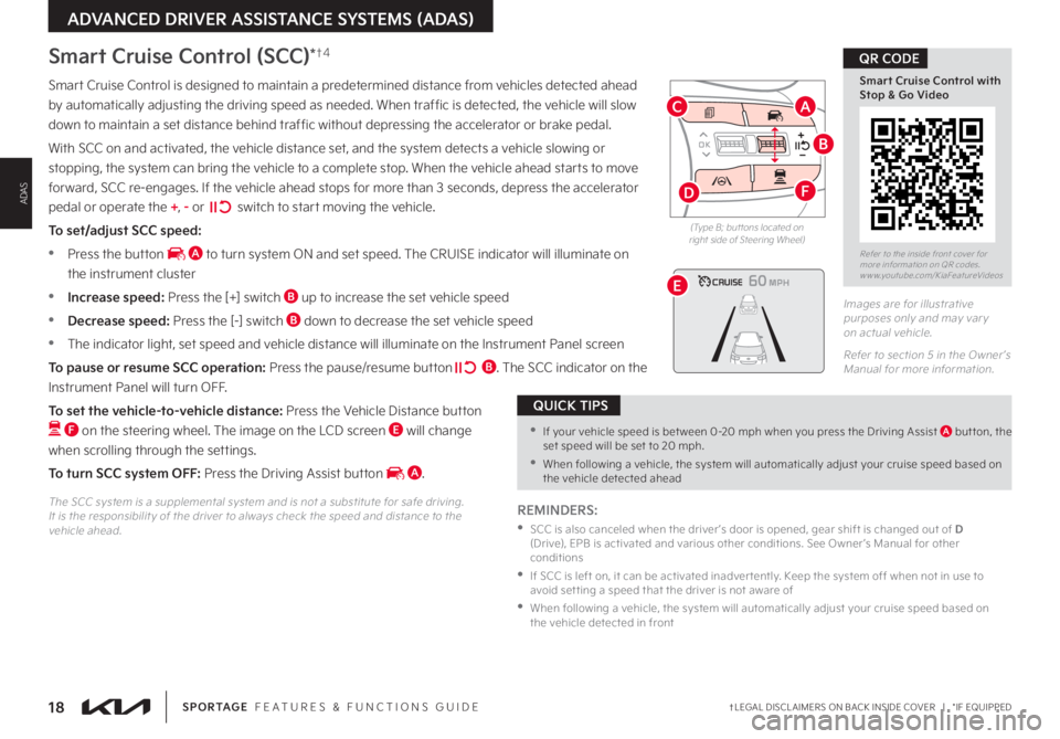 KIA SPORTAGE 2023 Features and Functions Guide 18†LEGAL DISCL AIMERS ON BACK INSIDE COVER | *IF EQUIPPEDSPORTAGE FEATURES & FUNCTIONS GUIDE
Refer to the inside front cover for more information on QR codes www youtube com/KiaFeatureVideos
KIA SPORTAGE 2023 Features and Functions Guide 18†LEGAL DISCL AIMERS ON BACK INSIDE COVER | *IF EQUIPPEDSPORTAGE FEATURES & FUNCTIONS GUIDE
Refer to the inside front cover for more information on QR codes www youtube com/KiaFeatureVideos