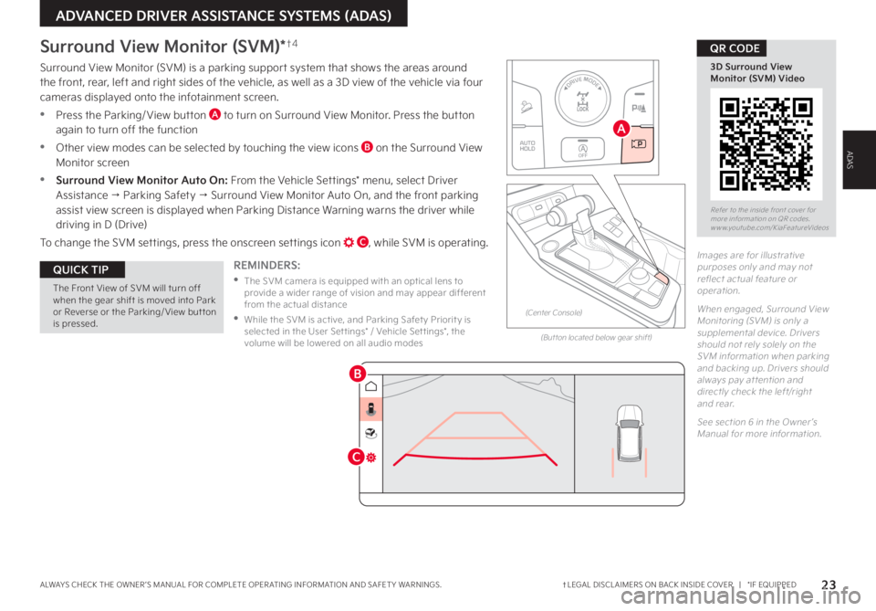KIA SPORTAGE 2023 Features and Functions Guide 23†LEGAL DISCL AIMERS ON BACK INSIDE COVER | *IF EQUIPPEDALWAYS CHECK THE OWNER ’S MANUAL FOR COMPLETE OPER ATING INFORMATION AND SAFET Y WARNINGS
ADVANCED DRIVER ASSISTANCE SYSTEMS (ADAS)
A KIA SPORTAGE 2023 Features and Functions Guide 23†LEGAL DISCL AIMERS ON BACK INSIDE COVER | *IF EQUIPPEDALWAYS CHECK THE OWNER ’S MANUAL FOR COMPLETE OPER ATING INFORMATION AND SAFET Y WARNINGS
ADVANCED DRIVER ASSISTANCE SYSTEMS (ADAS)
A