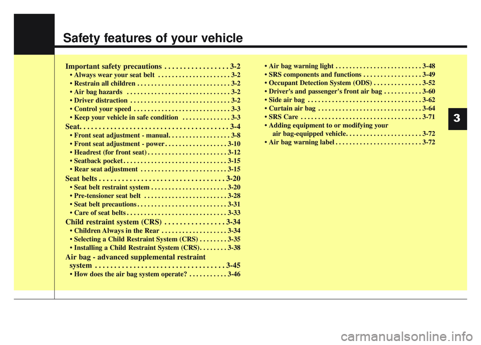 KIA SPORTAGE 2022 User Guide Safety features of your vehicle
Important safety precautions . . . . . . . . . . . . . . . . . 3-2
• Always wear your seat belt  . . . . . . . . . . . . . . . . . . . . . 3-2
 . . . . . . . . . . . 