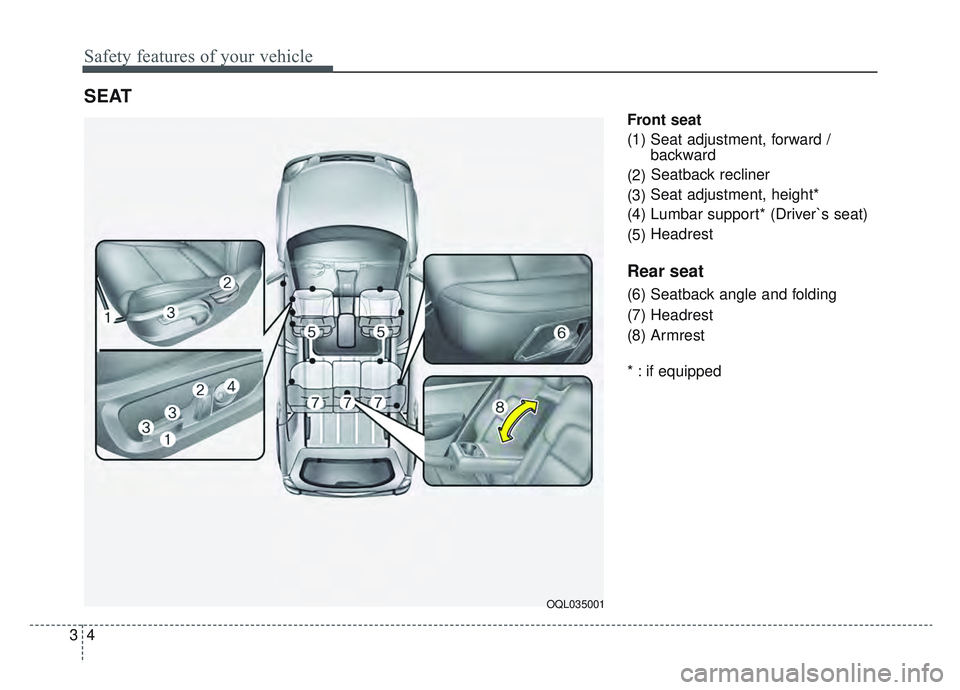 KIA SPORTAGE 2022 Owners Manual Safety features of your vehicle
43
Front seat
(1) Seat adjustment, forward / backward
(2) Seatback recliner
(3) Seat adjustment, height*
(4) Lumbar support* (Driver`s seat)
(5) Headrest
Rear seat
(6) KIA SPORTAGE 2022 Owners Manual Safety features of your vehicle
43
Front seat
(1) Seat adjustment, forward / backward
(2) Seatback recliner
(3) Seat adjustment, height*
(4) Lumbar support* (Driver`s seat)
(5) Headrest
Rear seat
(6)